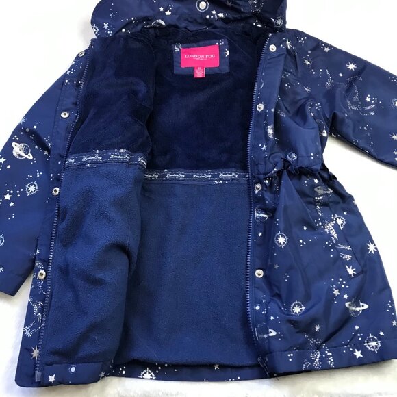 London Fog Unicorn & Space Print Hooded‎ Jacket Girls 6X Blue Silver Snap Zip - Picture 12 of 14